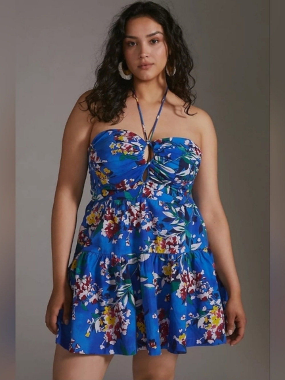 Anthropologie Blue Halter V-neck Cut-out Floral Tropical Cotton Mini Dress XL